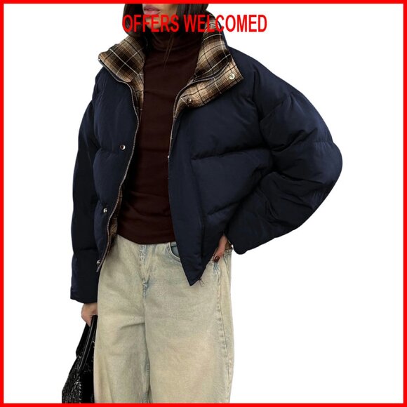 Cropped Puffer Jacket Women's Winter Warm Quilted Stand Collar Outerwear